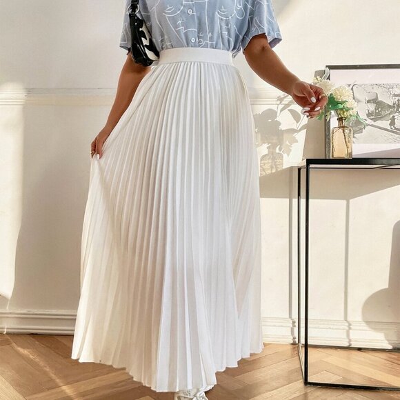 White Casual Women's High Waist Maxi Pleated Skirt